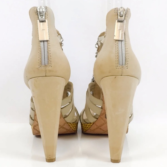 L.A.M.B. Leather Silver Coin Strappy Platform Heels - Picture 6 of 11